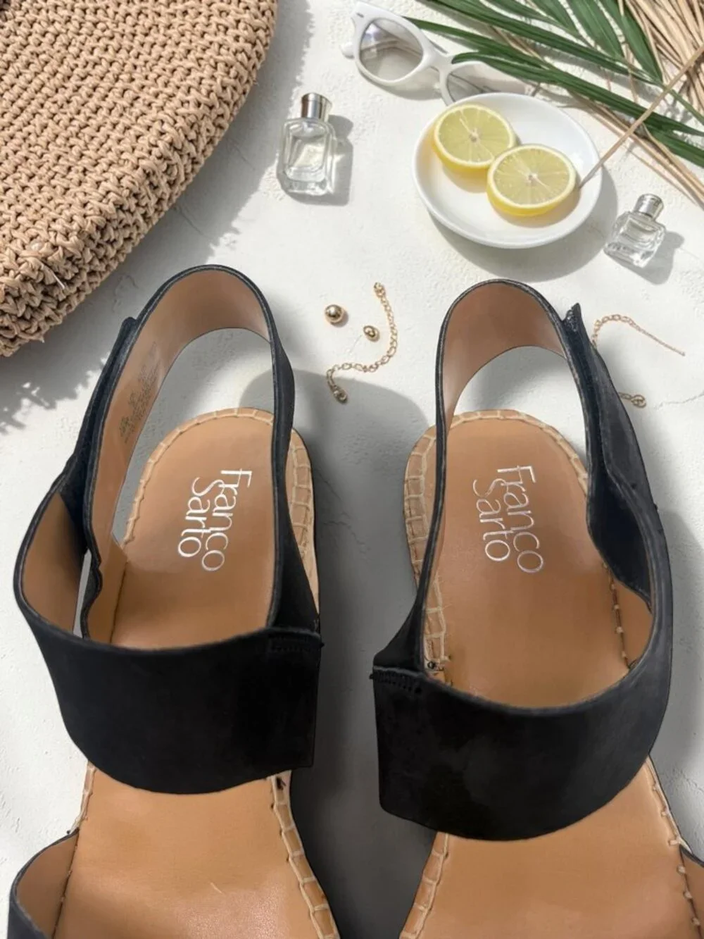 Franco Sarto Tulsa Black Leather Rope Espadrille Wedge Sandals 10